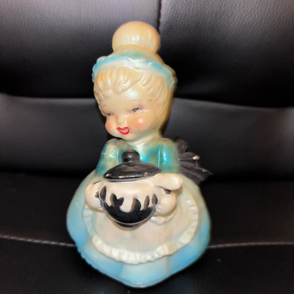 Vintage‎ Japanese Ceramic Girl Figurine Holding Pot Blue Dress Whimsical Decor